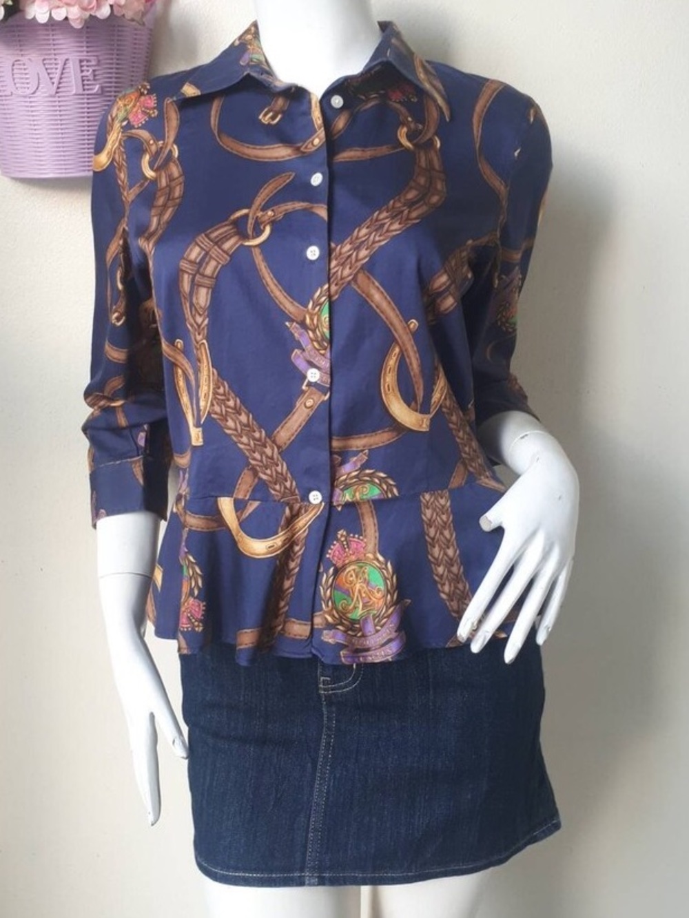 Ralph Lauren Women's Navy Chain-Print Button Front Blouse